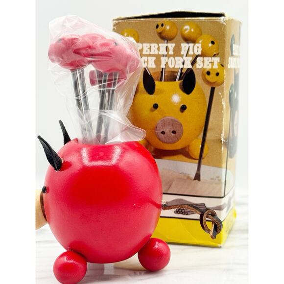 Vtg Perky Pig Snack Fork Set Red Hors D'oeuvre Appetizer 6 Forks Wood Japan New - Picture 5 of 10